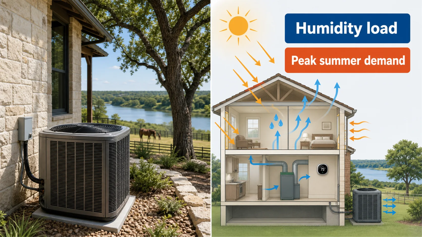 Educational diagram for hvac pecan plantation showing Humidity load, Peak summer demand